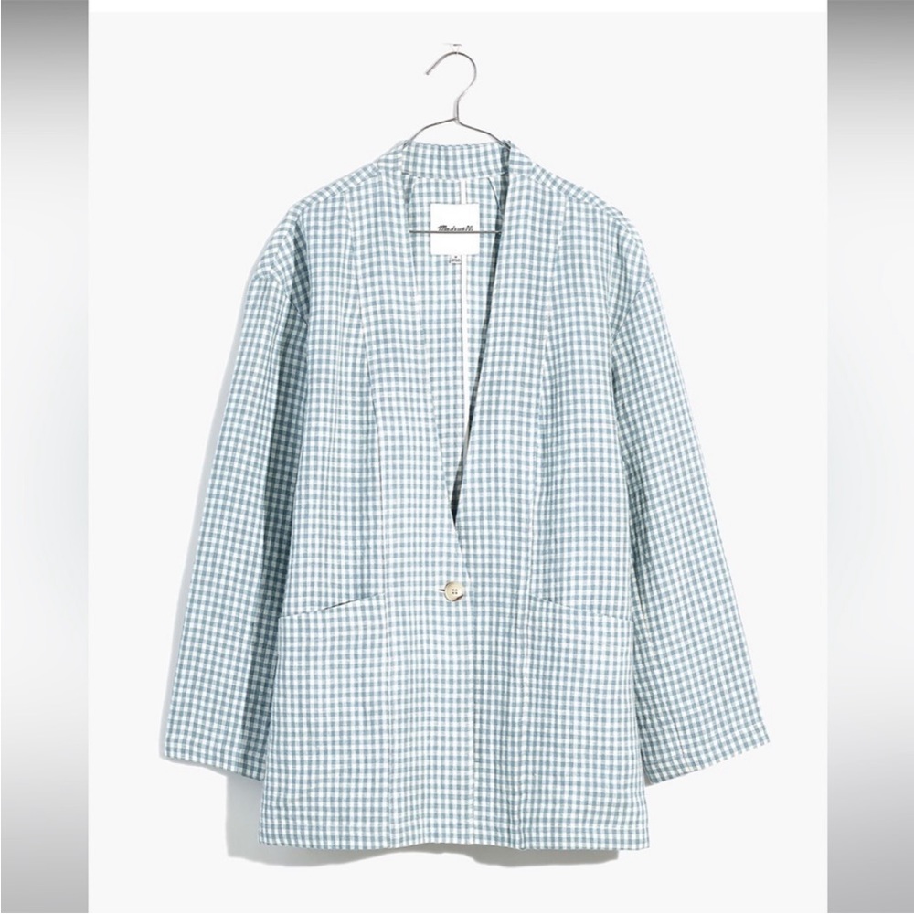Linen Collarless Blazer in Gingham Checker